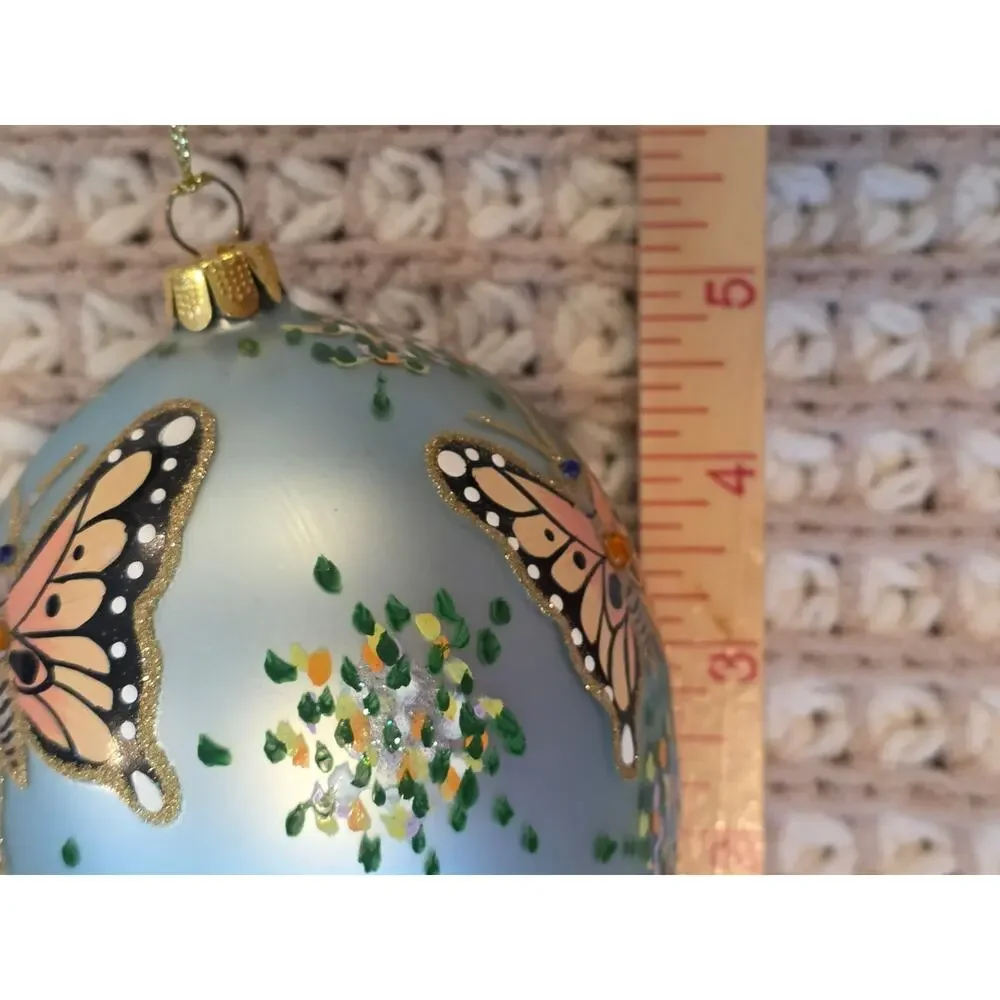 VTG Joan Rivers Blown Glass Monarch Butterfly Hand-Painted Blue Floral Ornament